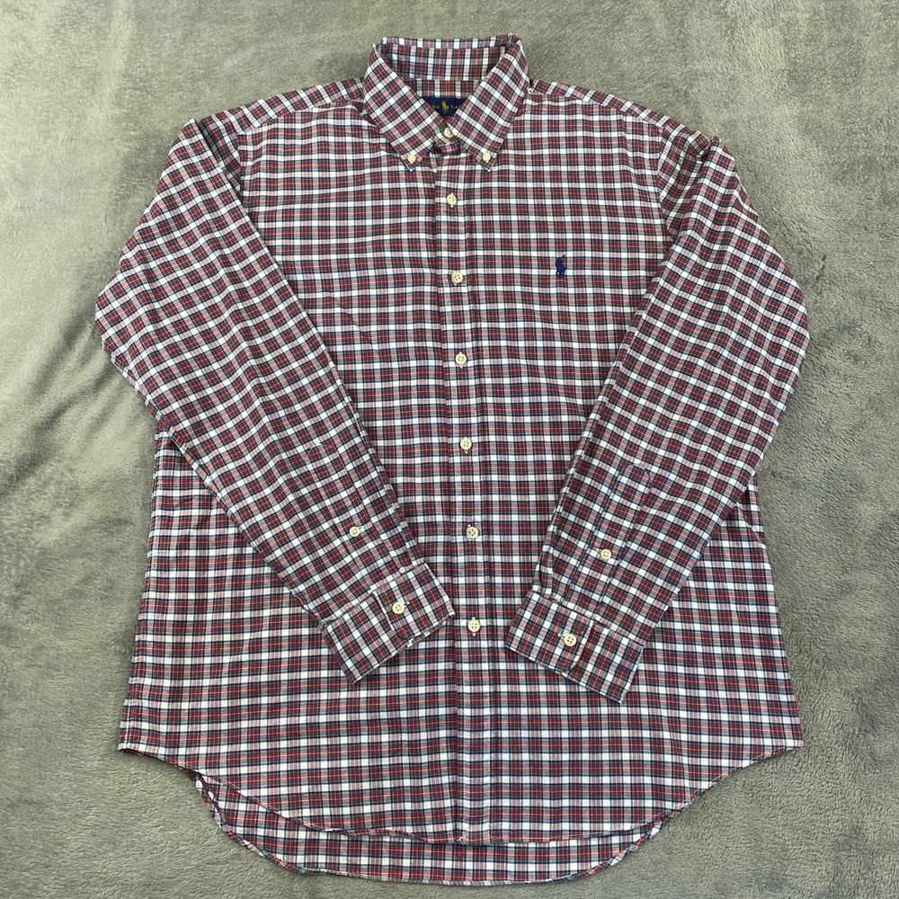 Ralph Lauren Button Down Men L Red White Navy Plaid Cotton Shirt Business Casual